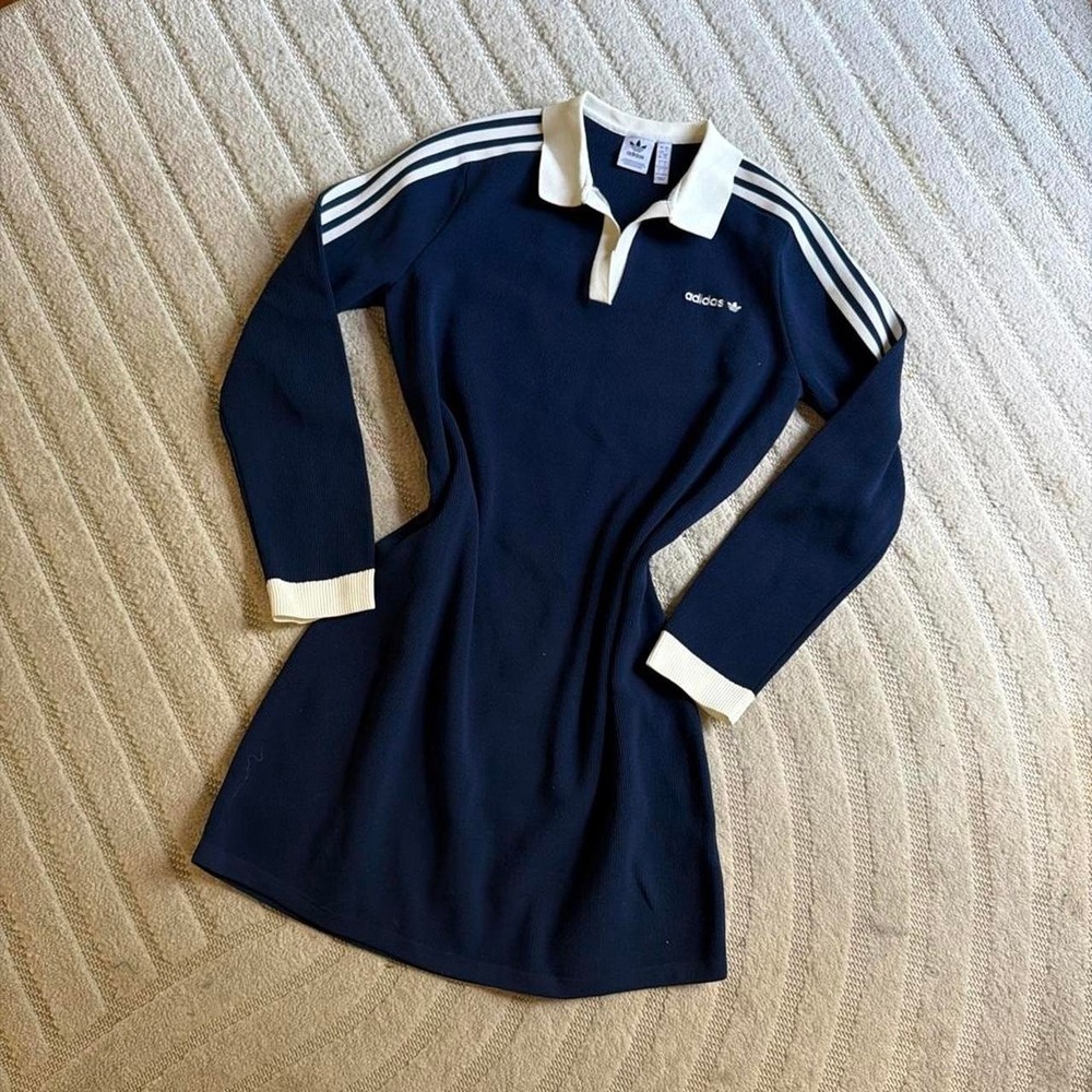 Adidas knitted navy blue long sleeve polo dress size Large Retro Preppy